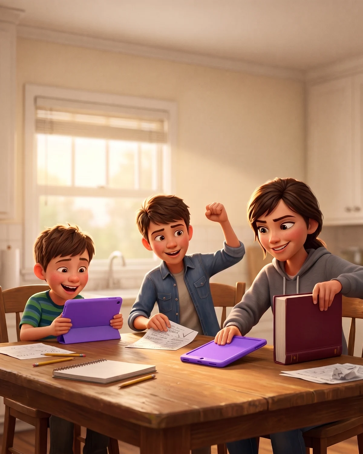 Three kids of different ages at a kitchen table the moment homework is done: the oldest closing a textbook and reaching for a tablet, the middle one pumping a fist, the youngest already playing