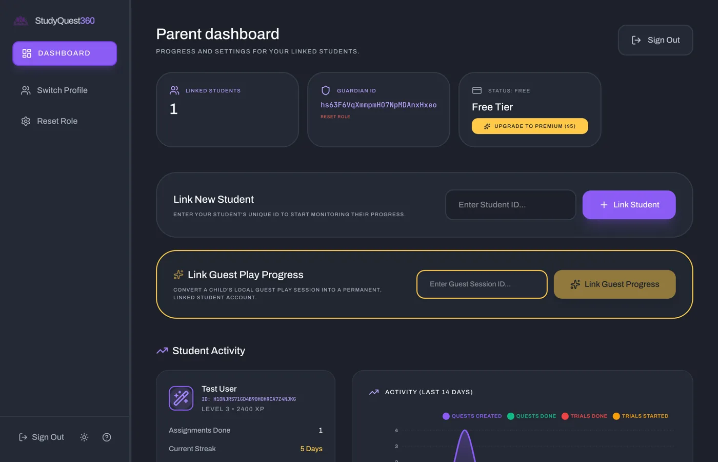 The parent dashboard in StudyQuest360, showing linked students and assignment tracking