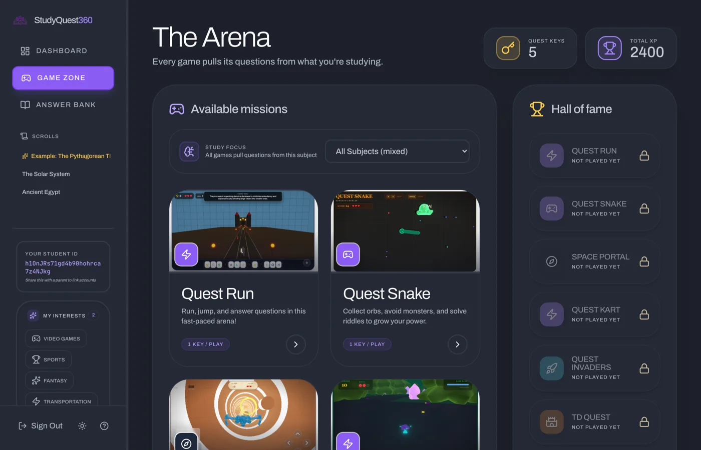 A student's arena in StudyQuest360, showing the games they can pick from